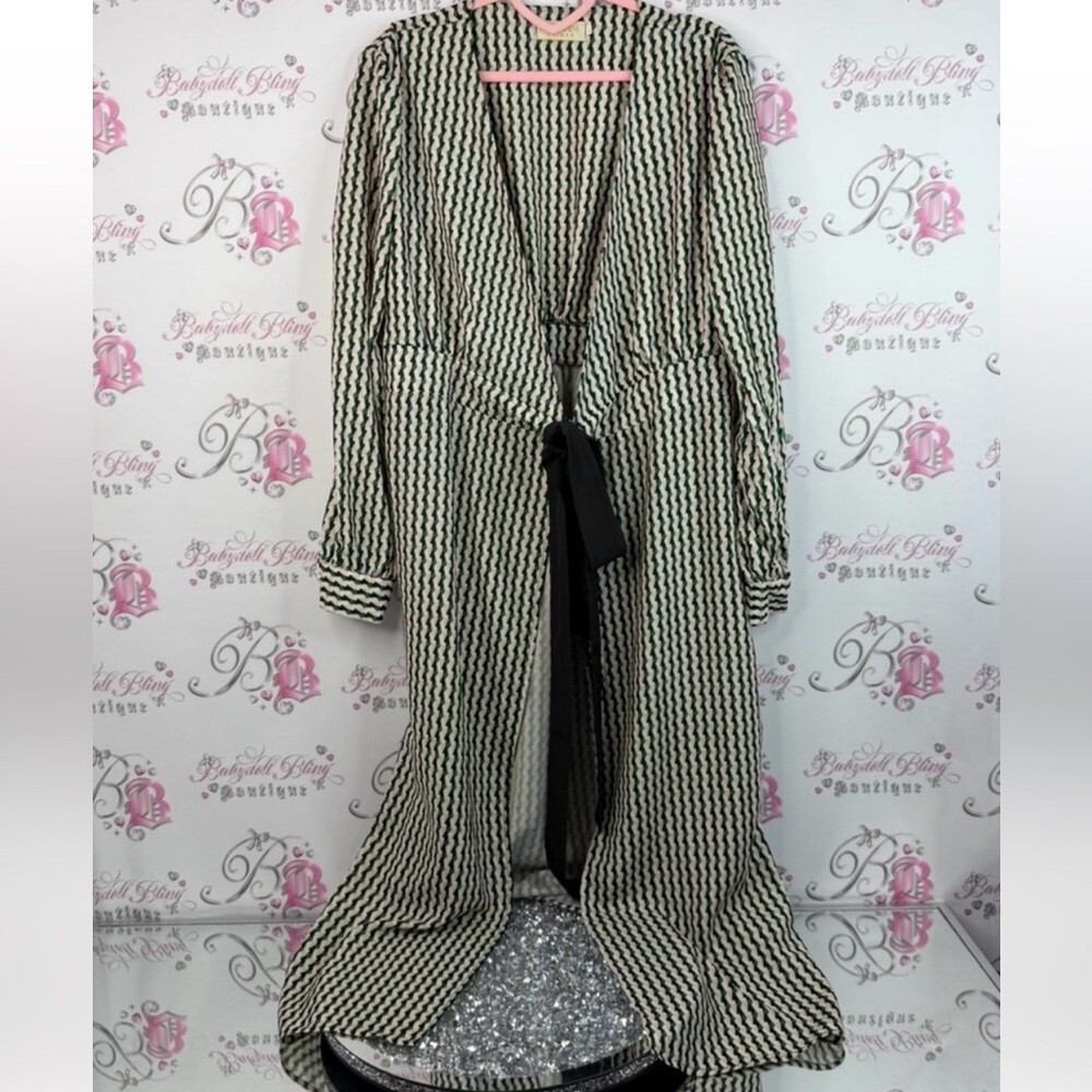 Feiman tie up cardigan dress green pink Black White Patterned long tie up pearls